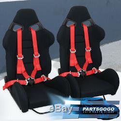 2X Black Fiberglass Cloth Racing Bucket Seats + 4 Point Camlock Red Seatbelt Set