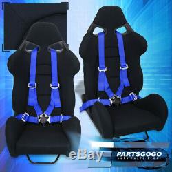 2X Black Fiberglass Cloth Racing Bucket Seats + 4Pt Camlock Blue Seatbelt Set