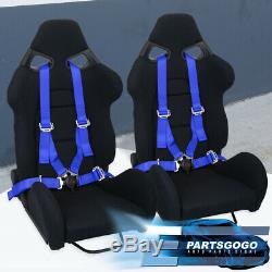 2X Black Fiberglass Cloth Racing Bucket Seats + 4Pt Camlock Blue Seatbelt Set