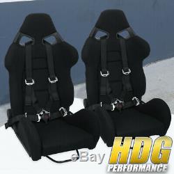 2X Racing Black Cloth Bucket Racing Seats + Pair 4Pts Black Camlock Seatbelt Set