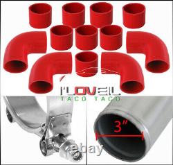 3 Diy Aluminum 12Piece Turbo Intercooler Piping Pipe Kit Polished Red Coupler