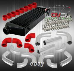 Black Front Mount Intercooler + 12Pc 64mm Aluminum Pipe Piping Kit + Coupler Red