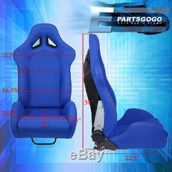 Reclinable Blue Bucket Racing Sport Seats + Slider Bottom Mount Rail Pair Set