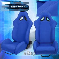 Universal Blue Cloth Racing Bucket Seats Performance Upgrade + Slider Mount Set