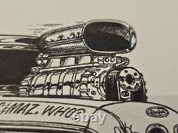 Dessin original d'une voiture de course Ford Anglia Gasser de Shores & Hess en drag racing art