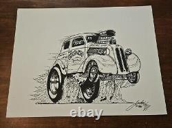 Dessin original de la voiture de course Ford Anglia Gasser Drag Racing de Shores & Hess par Frederick