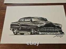 Lot de 5 dessins originaux de hot rod Lead Sled par T. Frederick Street Rod Cars