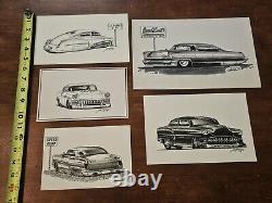 Lot de 5 dessins originaux de hot rod Lead Sled par T. Frederick Street Rod Cars