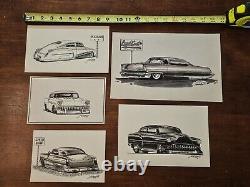 Lot de 5 dessins originaux de hot rod Lead Sled par T. Frederick Street Rod Cars