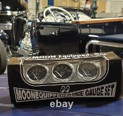 Mooneyes 3 Gauge Set W Chrome Panneau Et Expéditeurs Hot Rod Custom Oil Temp Volt Lune