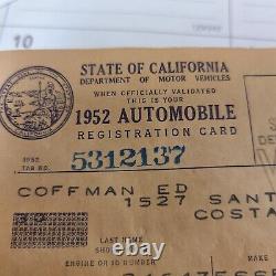 Nos 1952 California License Plate Tag Set Avec Enveloppe Et Papier D'enregistrement