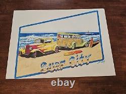 Surf City 32 Ford Coupe & Woody Wagon Beach Hot Rod Cruizin Dessin d'art original