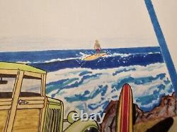 Surf City 32 Ford Coupe & Woody Wagon Beach Hot Rod Cruizin Dessin d'art original