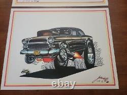 Œuvre d'art originale de dessin animé Muscle Cartoon American Graffiti - Ensemble Chevy '55 et Ford '32